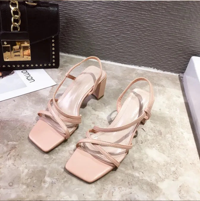 Women's white thick heel sandals with super high heel over 8cm, back-empty low-top design.