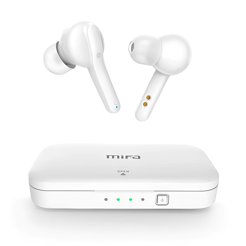 Black and white true wireless Bluetooth earbuds with charging case.