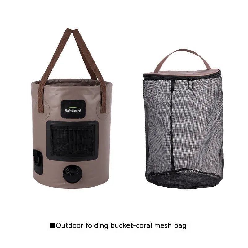 Lemon yellow folding plastic fishing bucket with a 25L capacity, shown next to a coral coloured version with a built-in mesh net pocket.