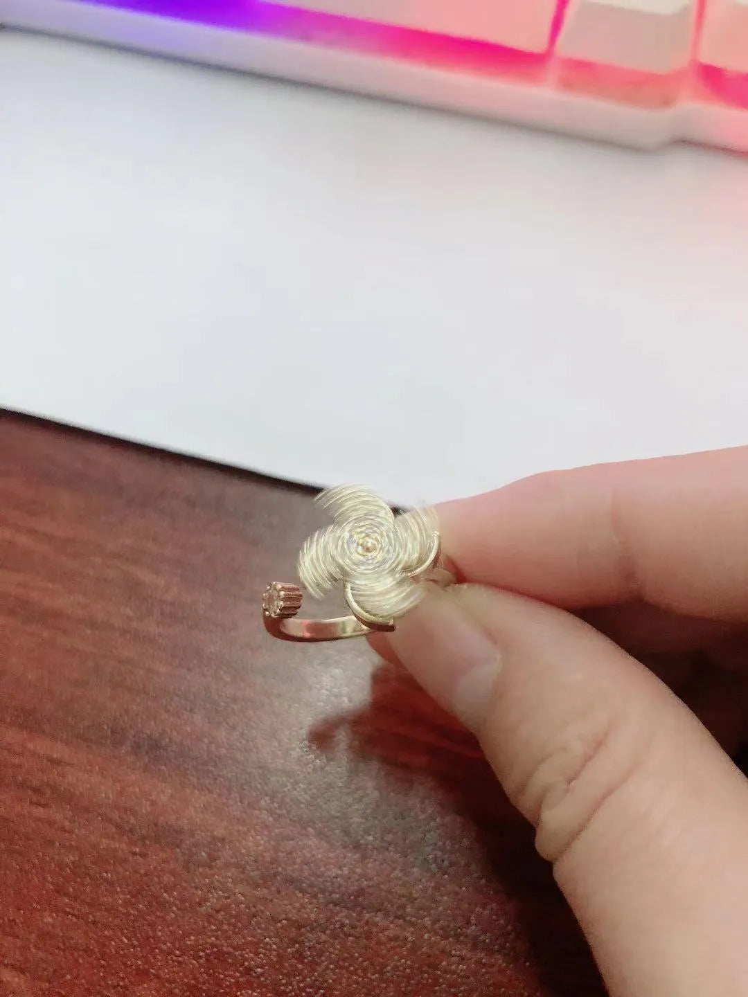 Copper rotating windmill ring with geometric shape and electroplated gold or silver finish