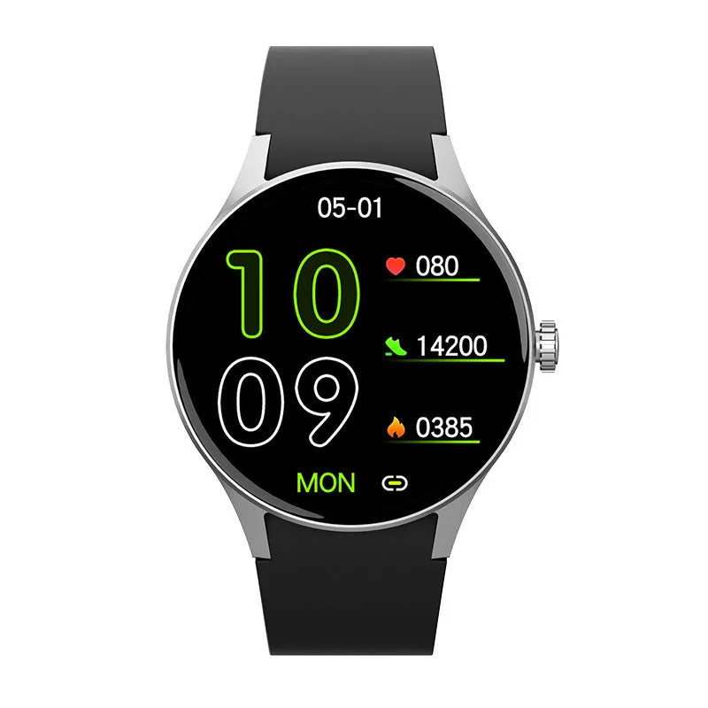 Smart watch with AMOLED display showing health metrics on black Milan steel strap