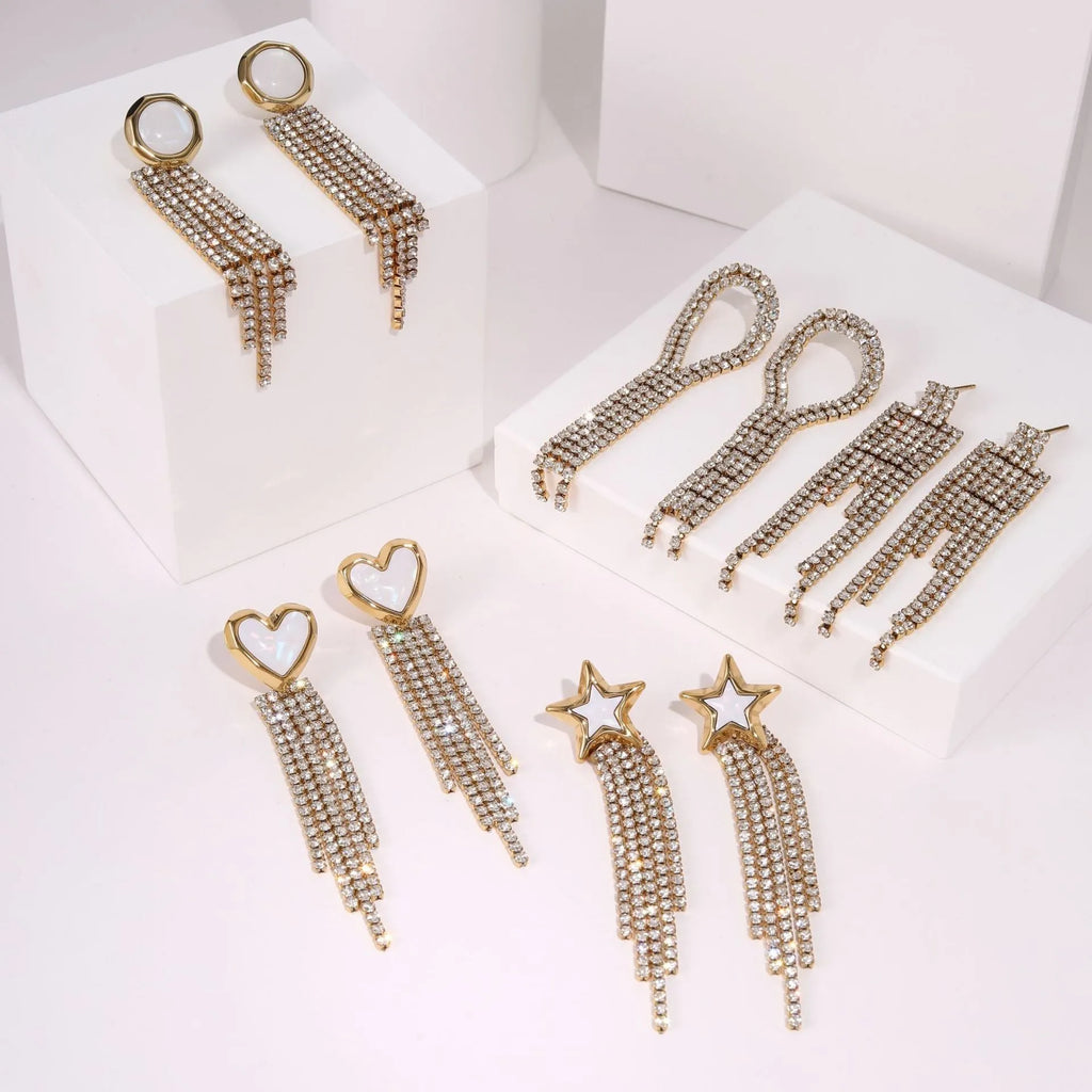 Stainless steel 18K gold electroplated earrings with diamond tassel designs in heart and star shapes
