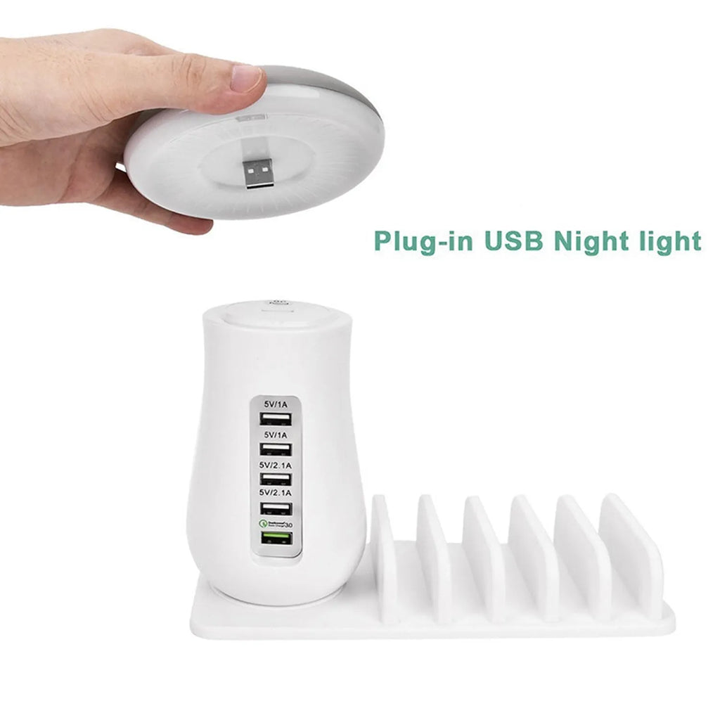 White mushroom-shaped USB charging dock station with 5 ports and integrated LED night light on desk