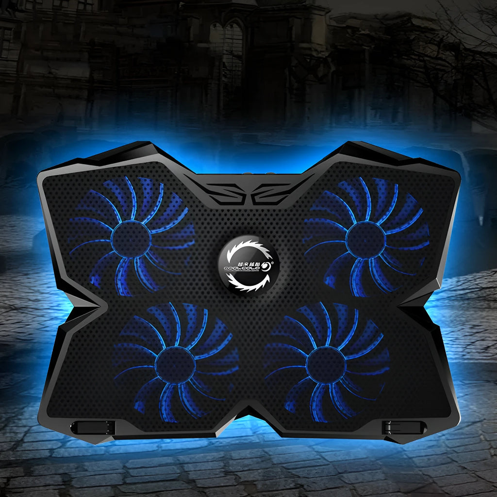 USB-powered computer cooling pad with four blue LED fans, two speed switches, and two USB ports on the side