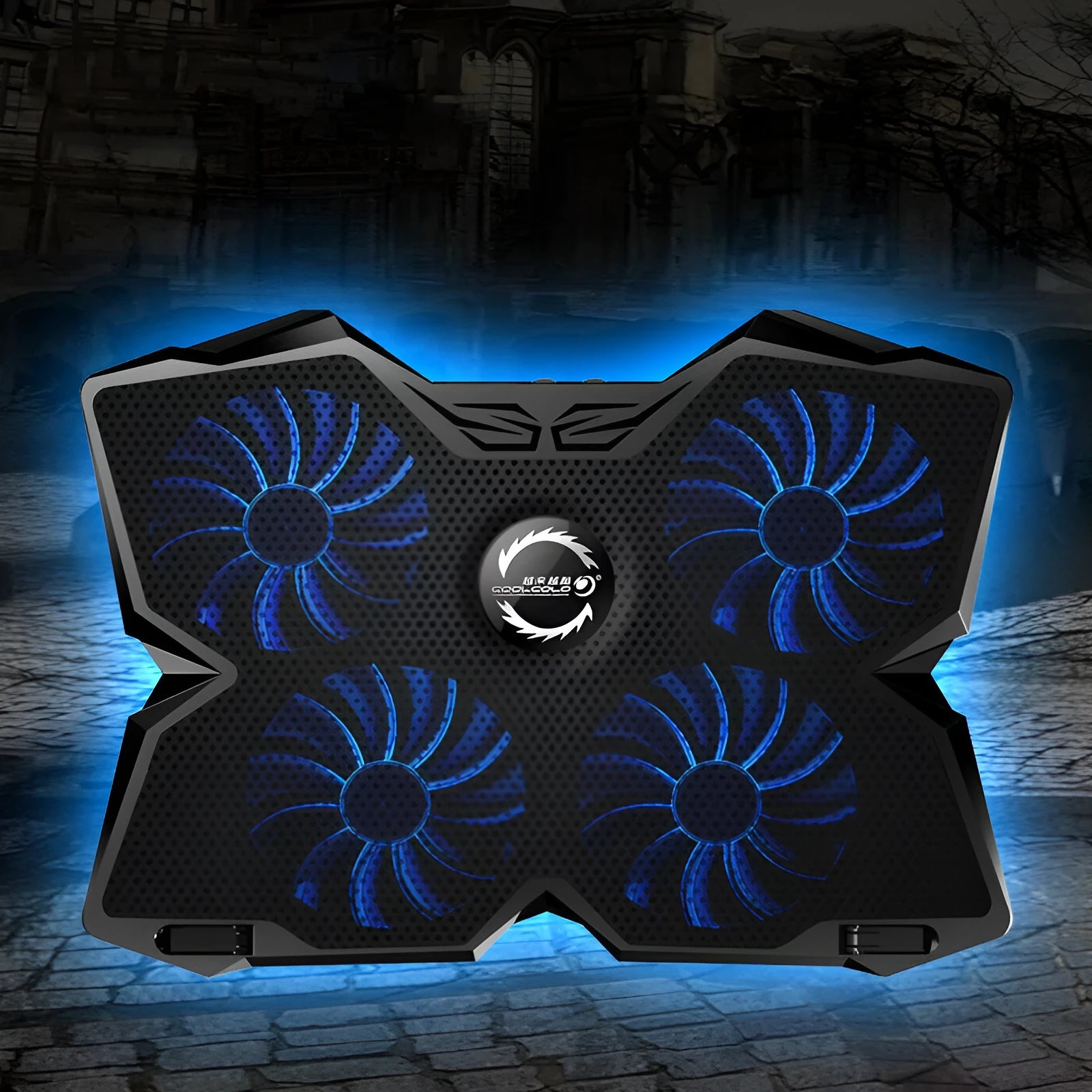 USB-powered computer cooling pad with four blue LED fans, two speed switches, and two USB ports on the side