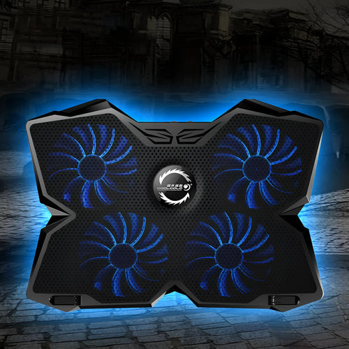 USB-powered computer cooling pad with four blue LED fans, two speed switches, and two USB ports on the side