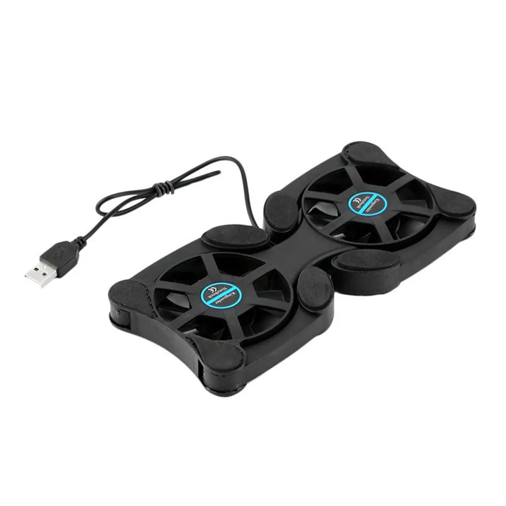 Portable folding notebook radiator cooling base with dual 70mm fans for 7-15 inch laptops, black, ultra-thin design with anti-slip protective pad, USB powered 150mA DC5V, compact size 32x14.5x2cm opens to 19x9x2cm folded, 37.5cm USB cable