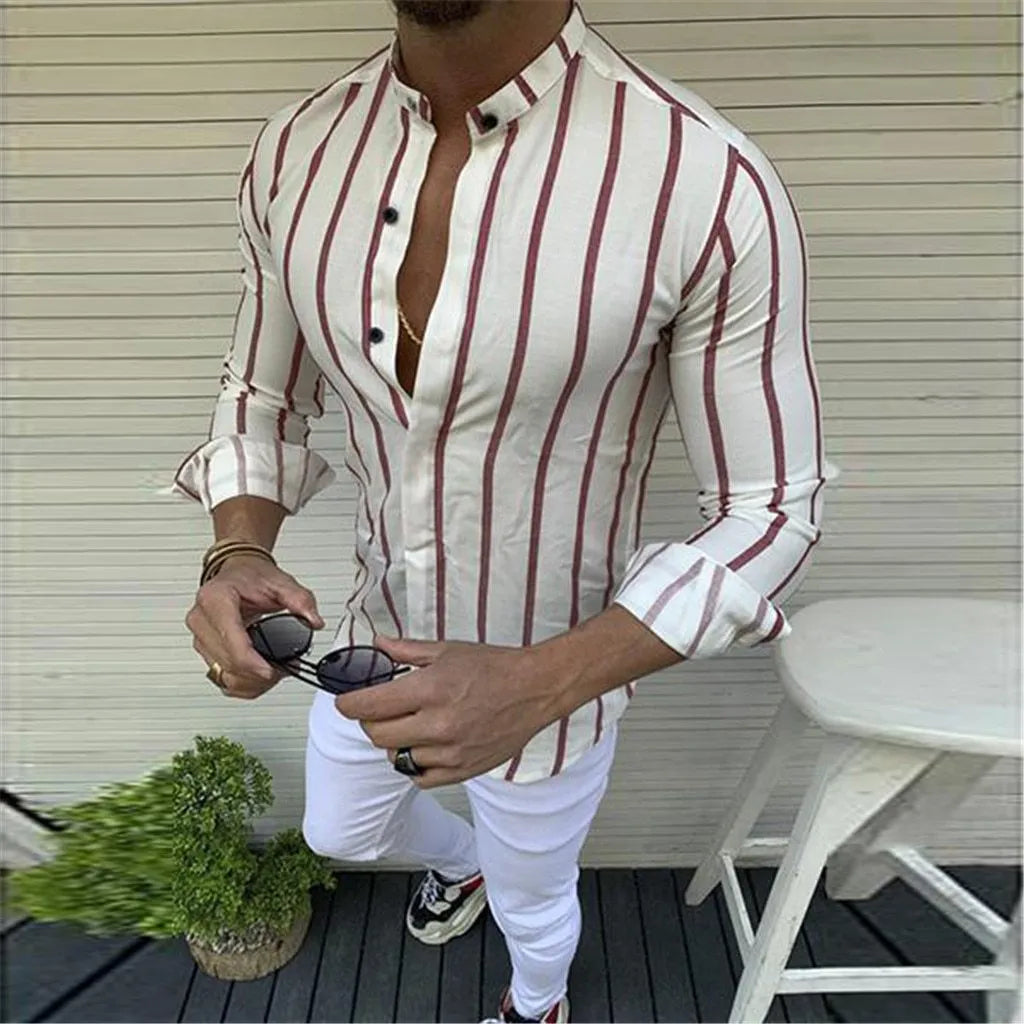 Men's striped wide lapel button cardigan long sleeve casual shirt in blue, cotton-polyester blend