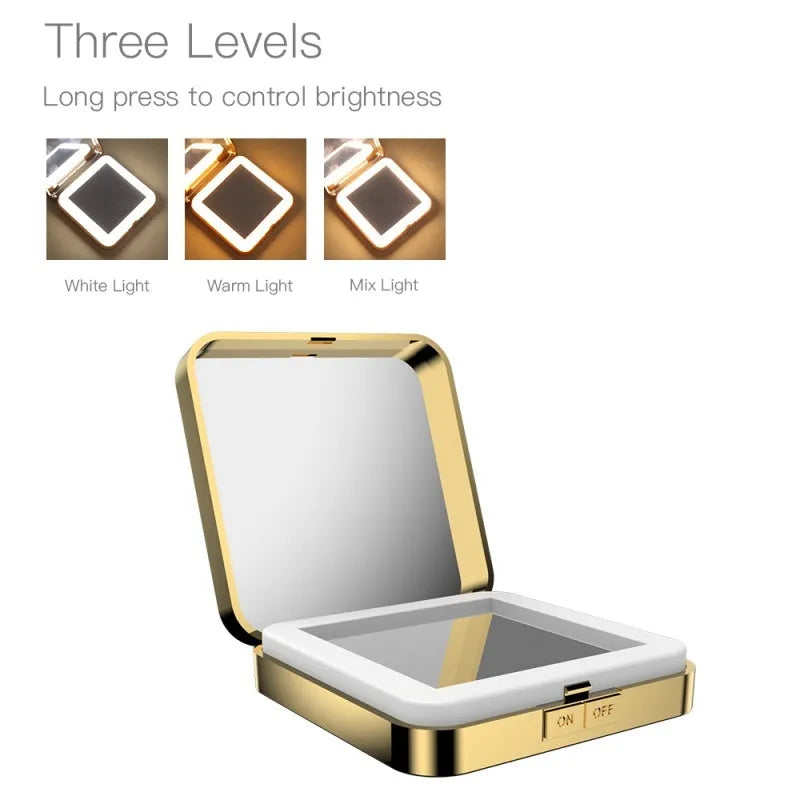 Black and white LED makeup mirror showing standard and 4x magnification sides with adjustable lighting.