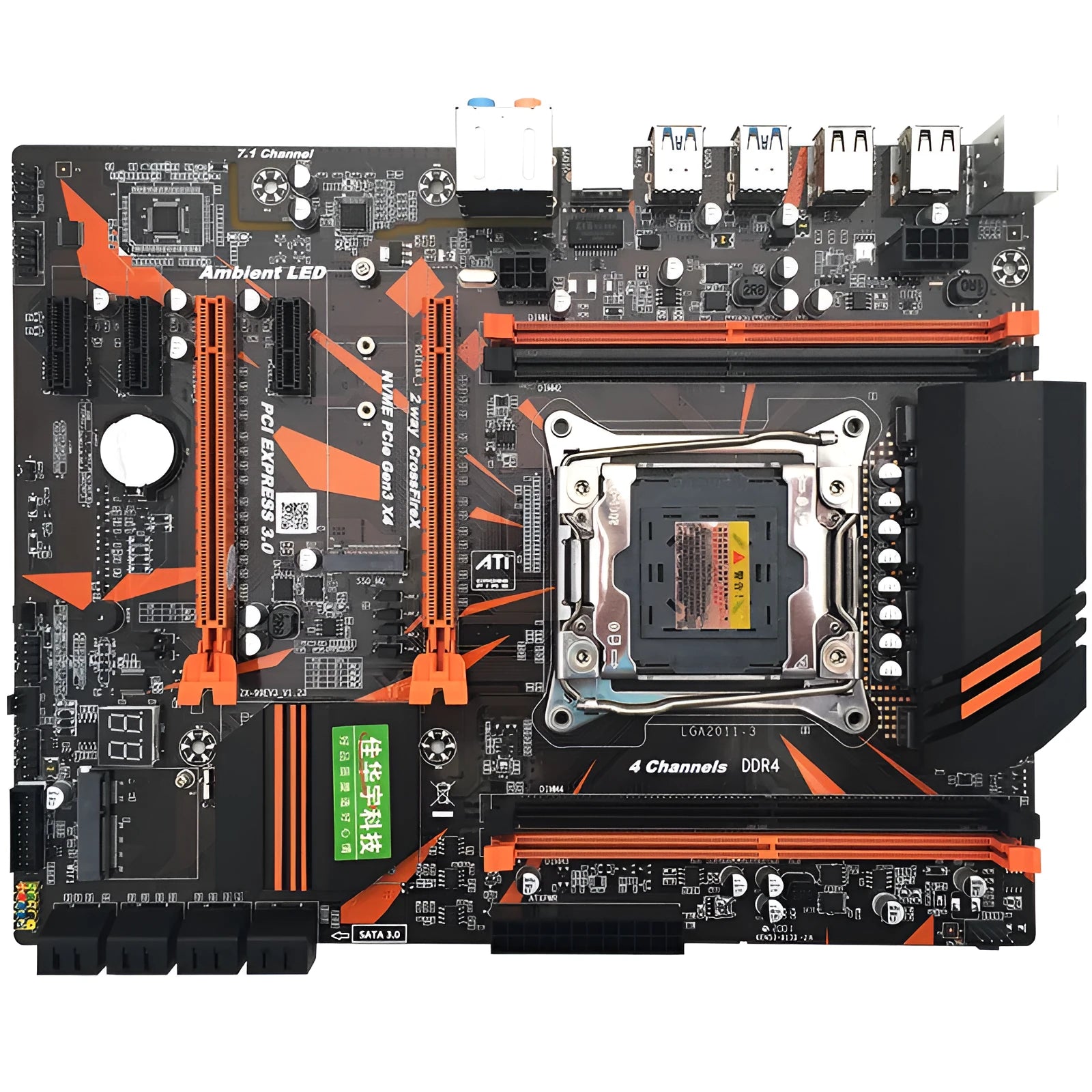 X99 motherboard showing LGA2011-3 CPU socket, four DDR4 slots, M.2 interface, and rear USB audio ports