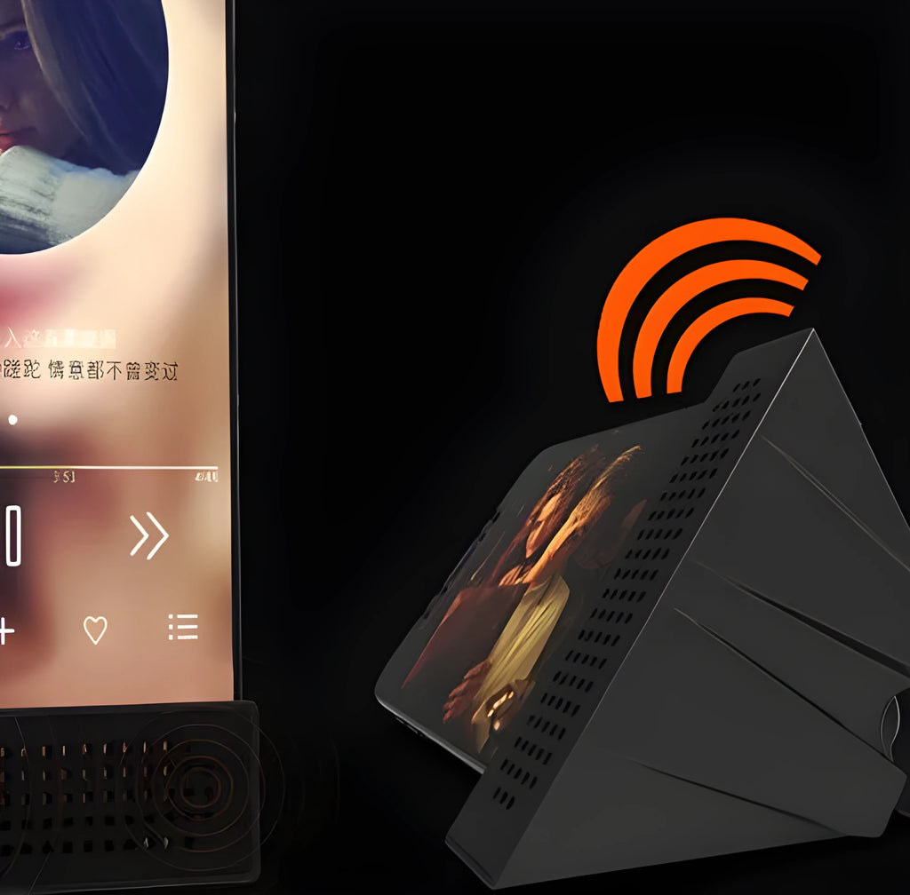 Mini black plastic phone amplifier bracket holding an Apple iPhone on a desktop