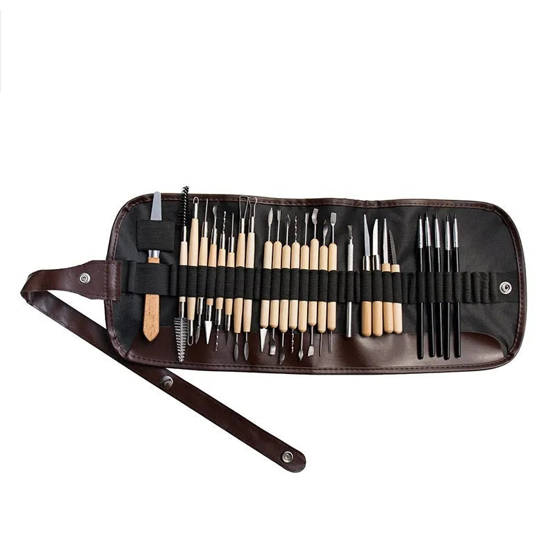 27-piece pottery clay tool set with stainless steel, wood, and plastic tools in a brown roll package.