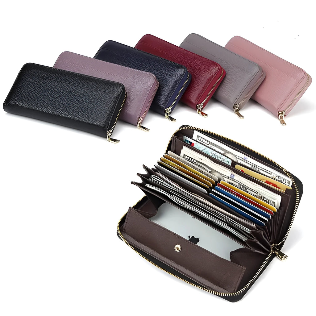 Long genuine leather women's wallet showing interior organisation and RFID protection feature