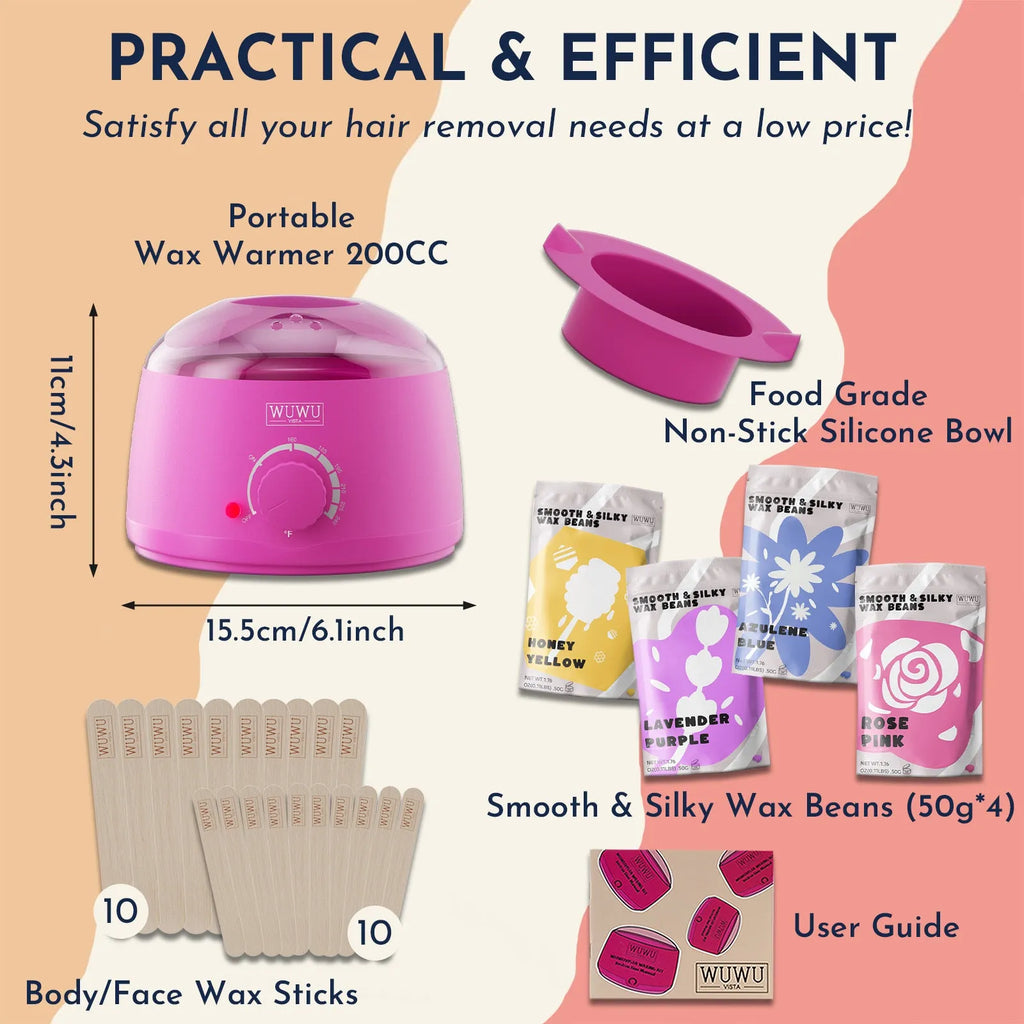 27 piece hair removal wax kit with four colour wax beads, heating machine, and application sticks