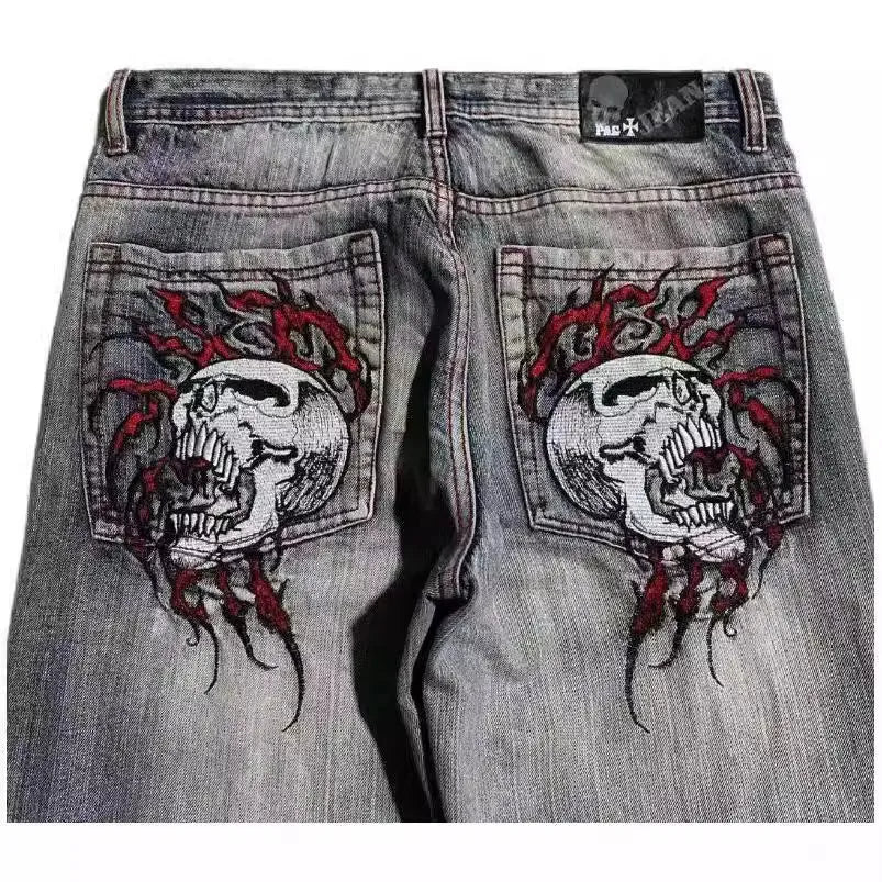 Men's grey washed-out straight-leg jeans with a wide-leg casual workwear design.