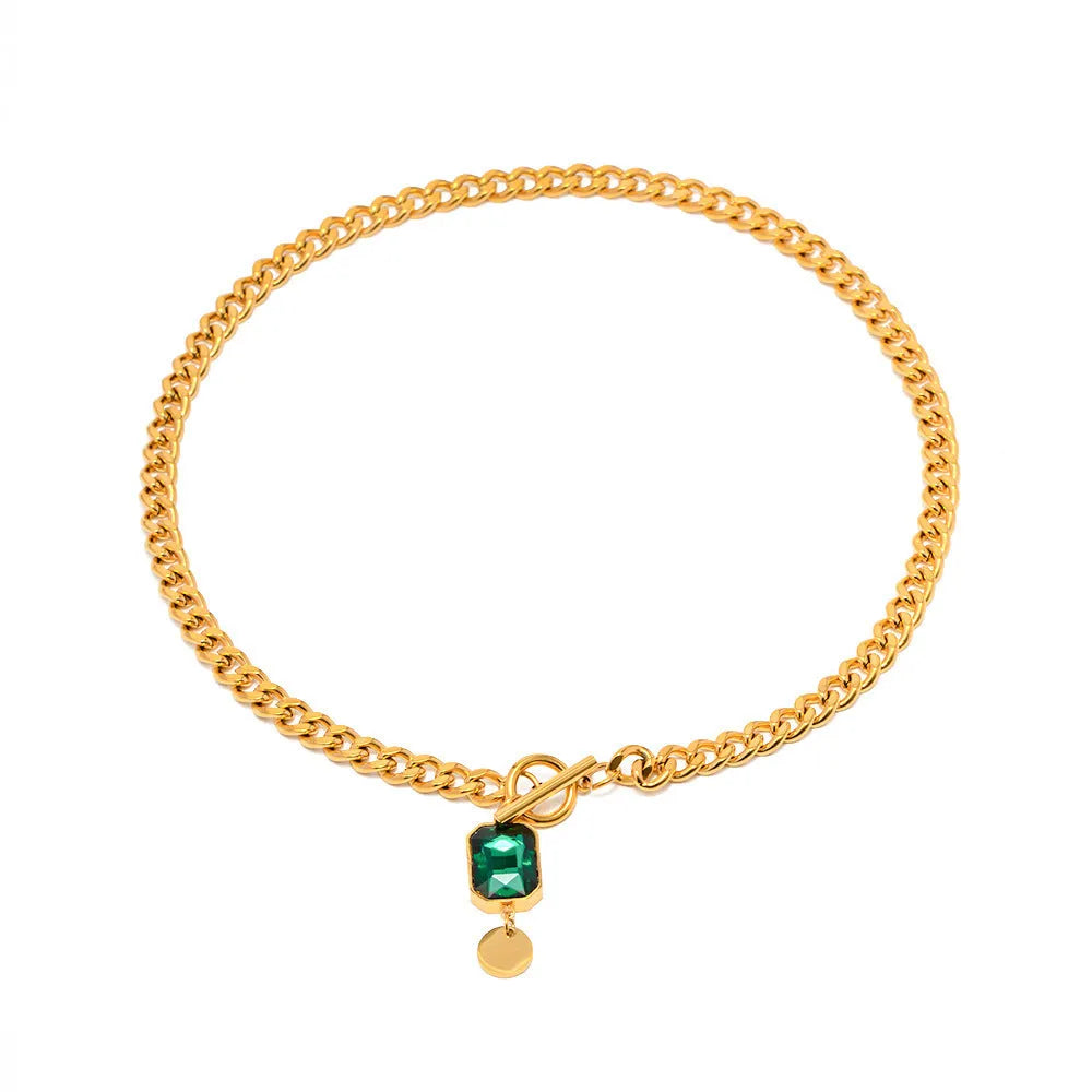 Gold French retro necklace with geometric round pendant on Cuban link chain