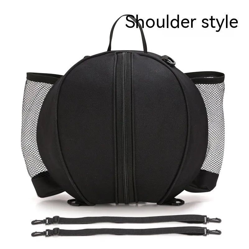 Black Oxford cloth basketball bag with one shoulder strap, shown next to a basketball.