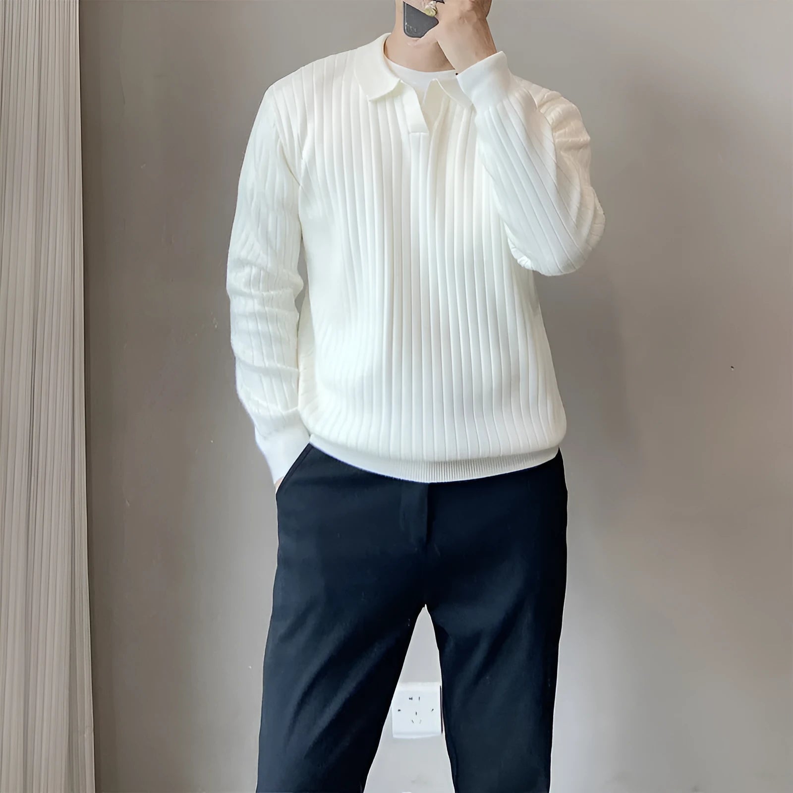 Men's loose grey striped lapel knitted sweater on a hanger