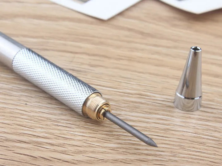 Metal automatic mechanical pencil showing five available lead diameter options from 0.5mm to 2.0mm