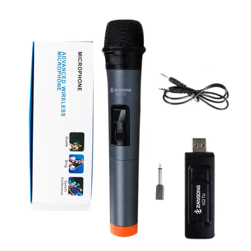 Black Wireless Microphone V12 handheld dynamic microphone with USB receiver and accessories