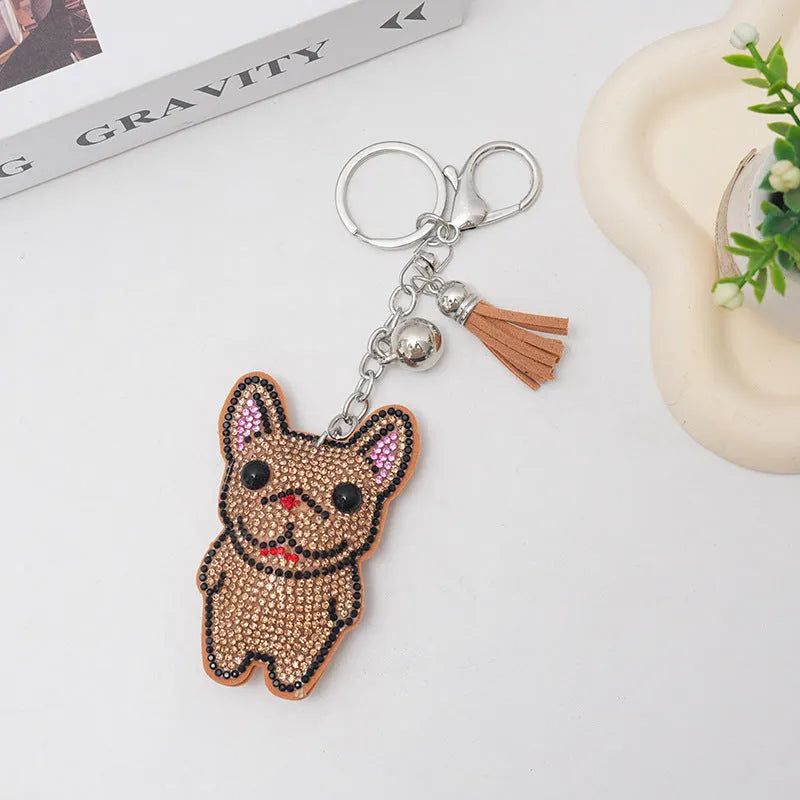 French dog rhinestone keychain pendant with cartoon animal design in alloy construction