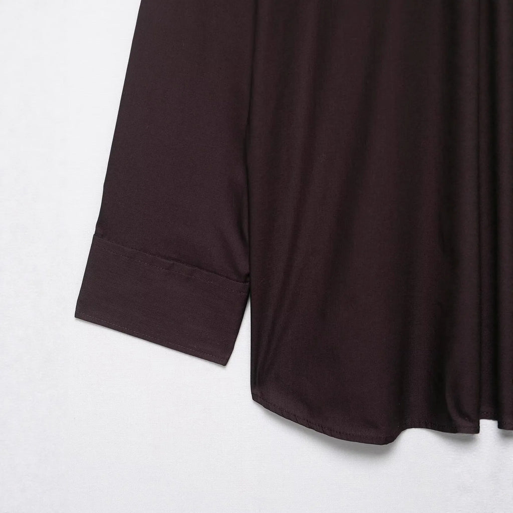 Brown women's poplin shirt with built-in bow tie scarf in loose cardigan style