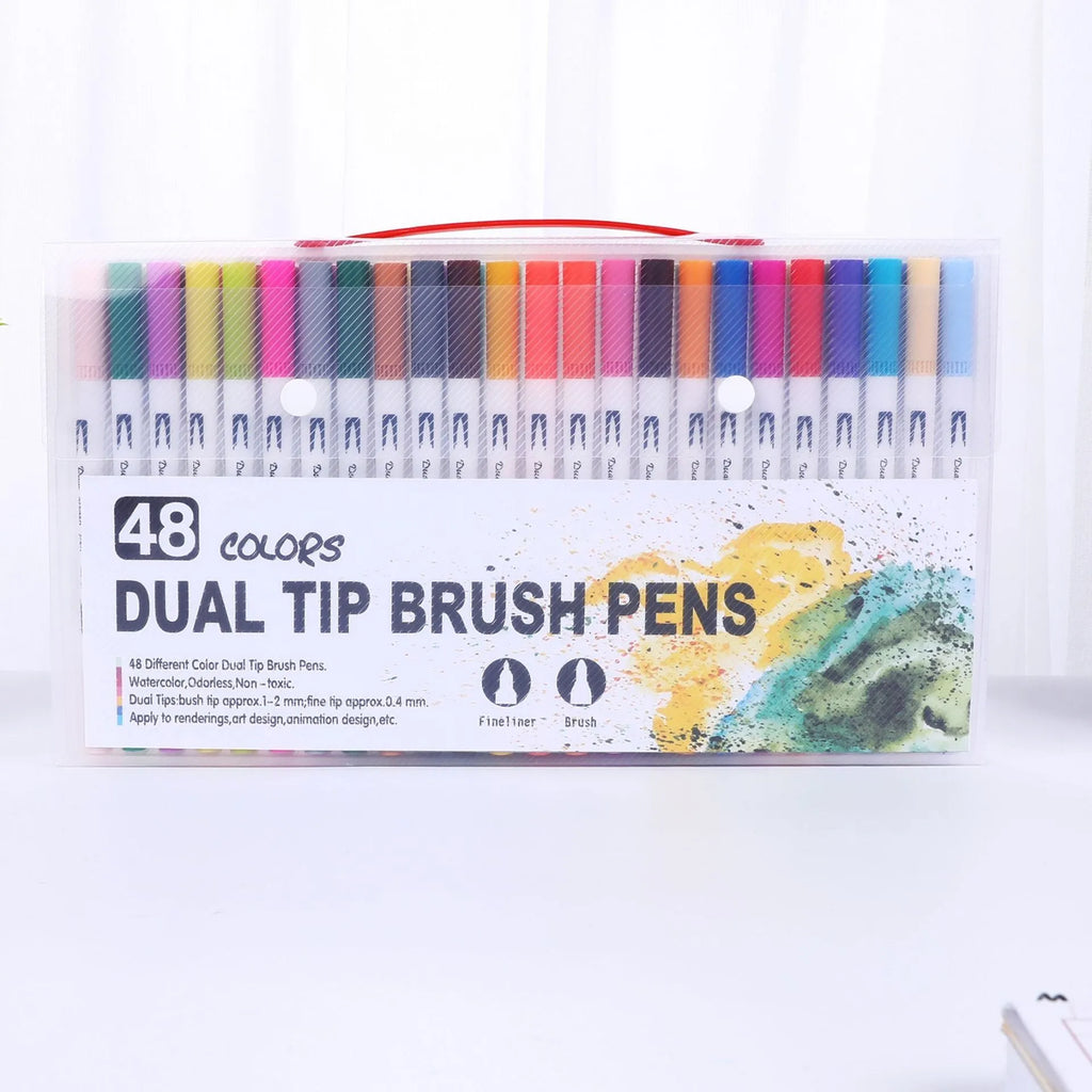Set of watercolour brush pens with fine tips arranged by colour, showing options for 48, 60, 72, and 100 colour packs.