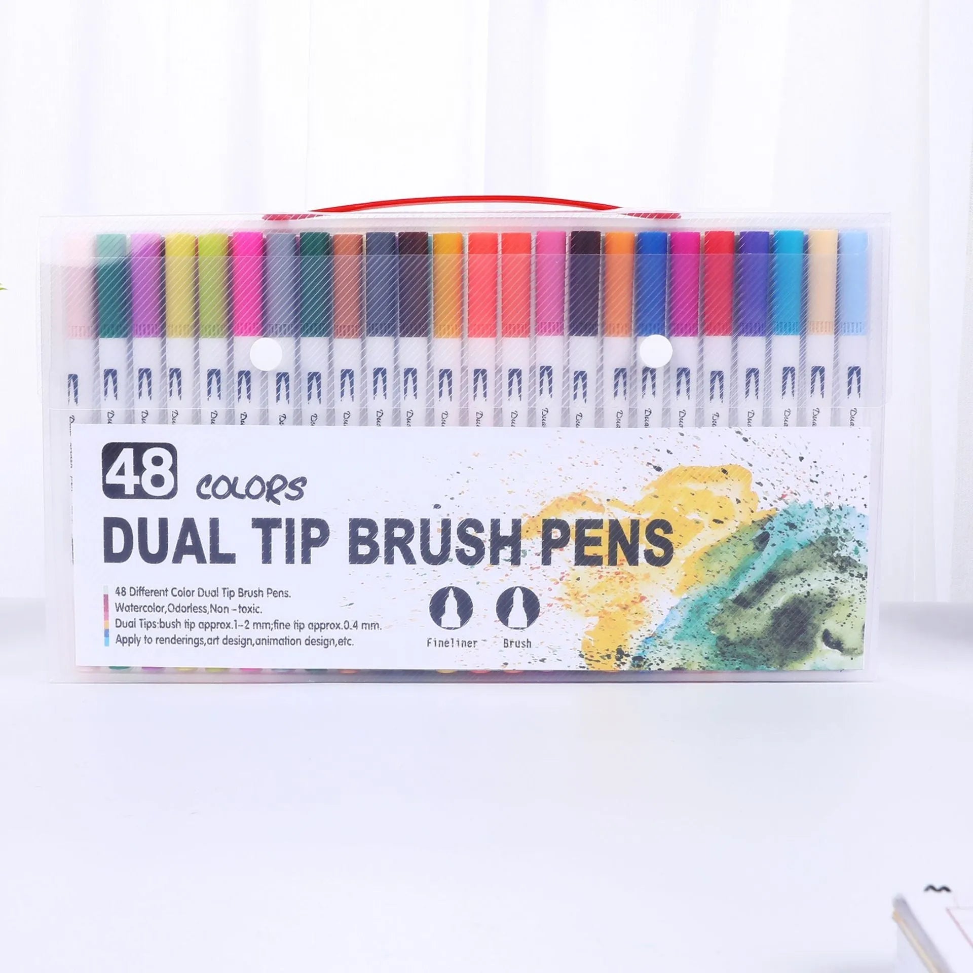 Set of watercolour brush pens with fine tips arranged by colour, showing options for 48, 60, 72, and 100 colour packs.