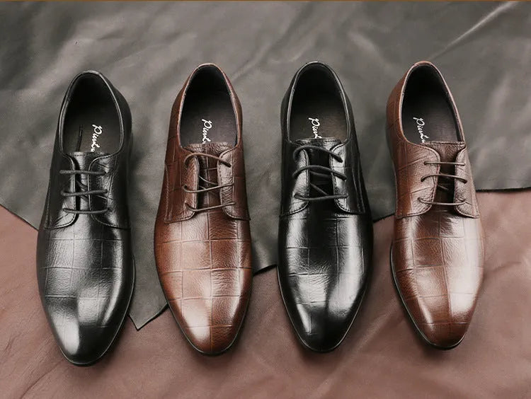 Men's black formal derby shoes with checkered cowhide vamp and pointed leather toe.