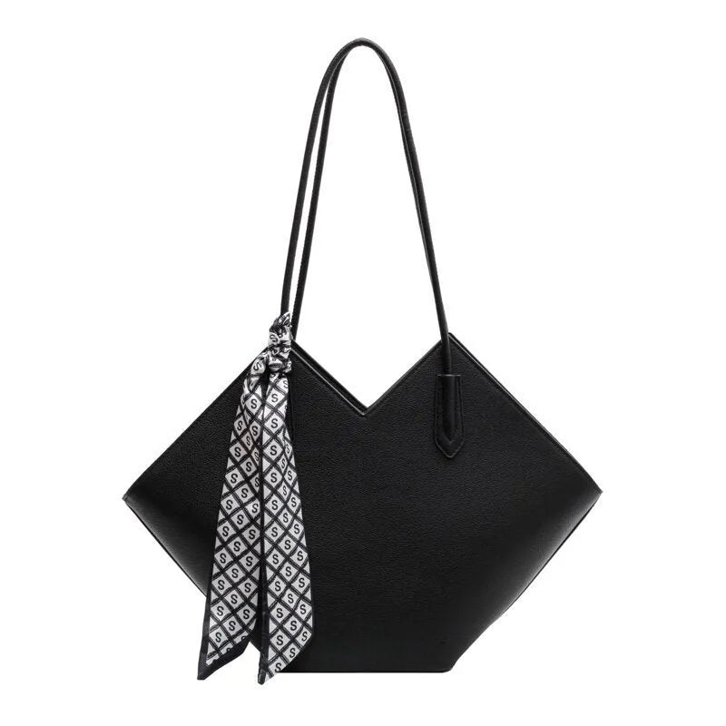Women's structured PU leather shoulder bag in multiple colours showing dimensions and sandwich pocket detail.