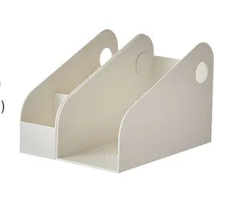 Desktop plastic storage box with integrated book shelf and two grid compartments