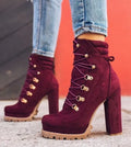 Women's suede high heel ankle boots with thick heels in army green, black, wine red or yellow