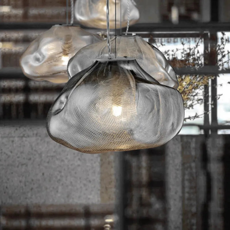 Modern minimalist glass chandelier with LED lighting in amber, clear, or smoke grey colour options