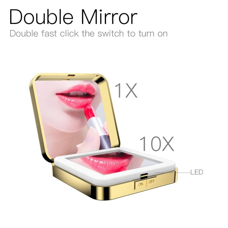 Black and white LED makeup mirror showing standard and 4x magnification sides with adjustable lighting.