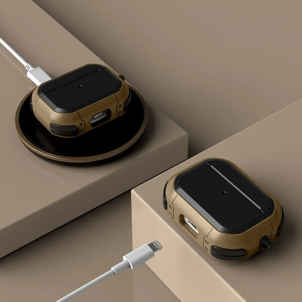 Black TPU and PC protective shell case for Apple AirPods 1, 2 and AirPods Pro charging case.