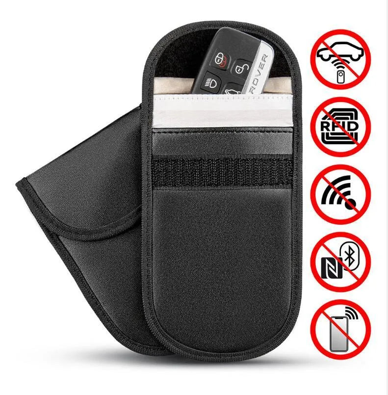 Black microfiber RFID signal blocker bag for phones and cards measuring 13.5 by 9.5 centimetres