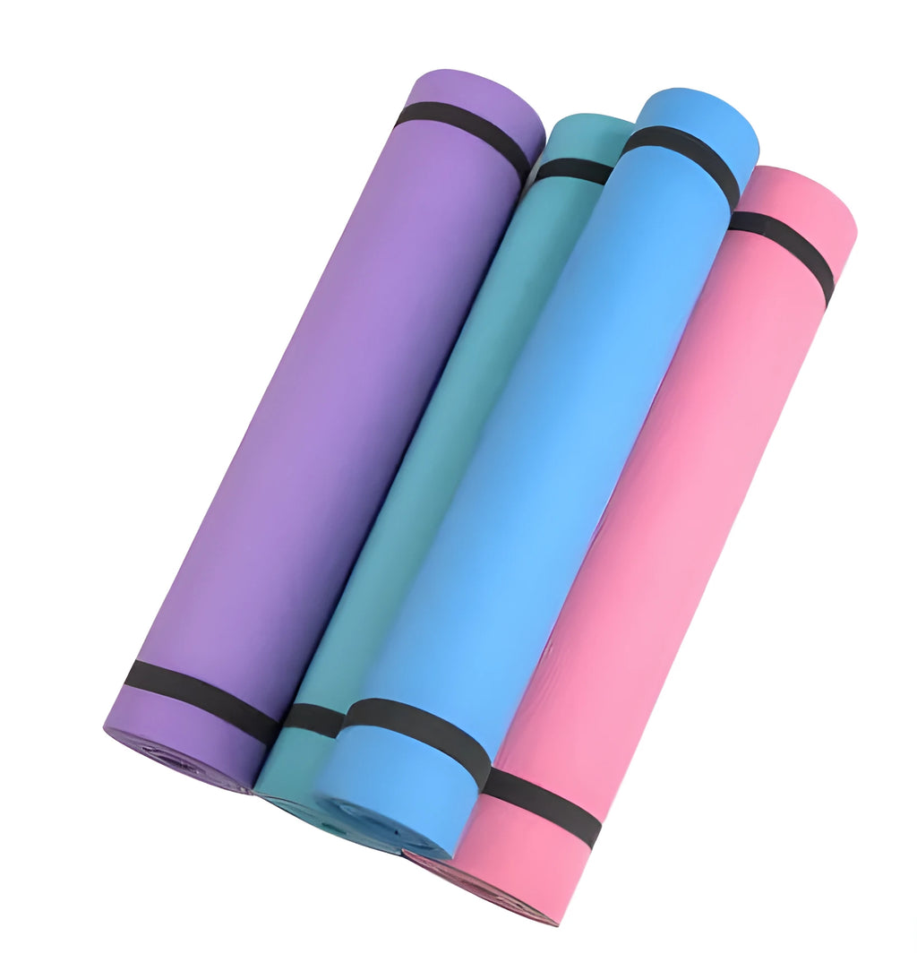 EVA yoga mat in six colours showing 4mm and 6mm thickness options for fitness exercise