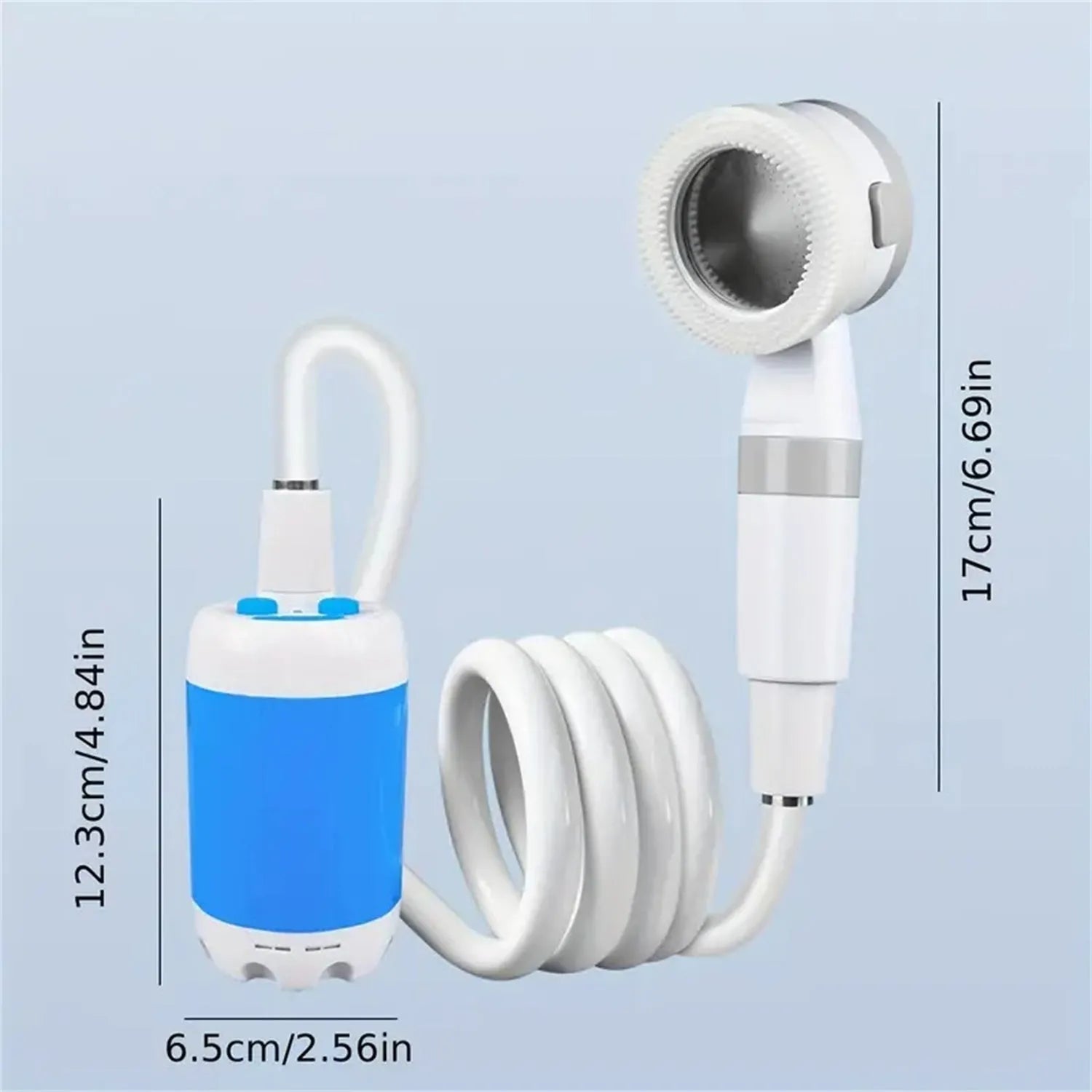 Portable outdoor camping electric shower with 5000mAh rechargeable battery, ABS plastic, IPX7 waterproof, two water output modes, includes pump, showerhead, and shower rack