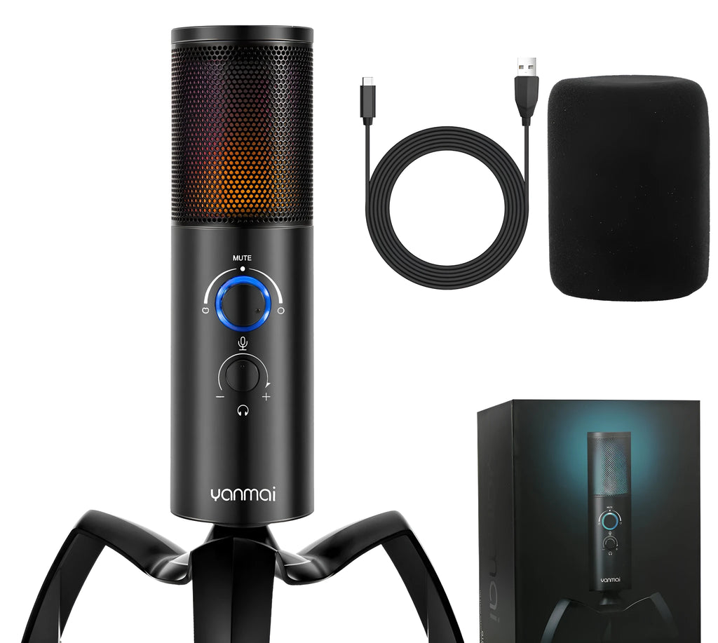 Black Q18 bidirectional condenser microphone with RGB lights on an adjustable metal tripod