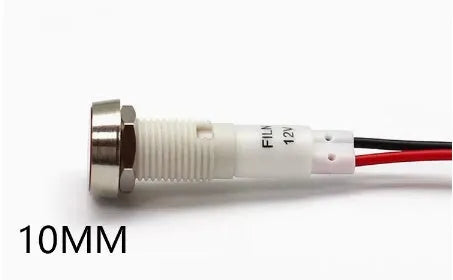 10mm stainless steel edge plastic indicator light with wire, shown in available colours.