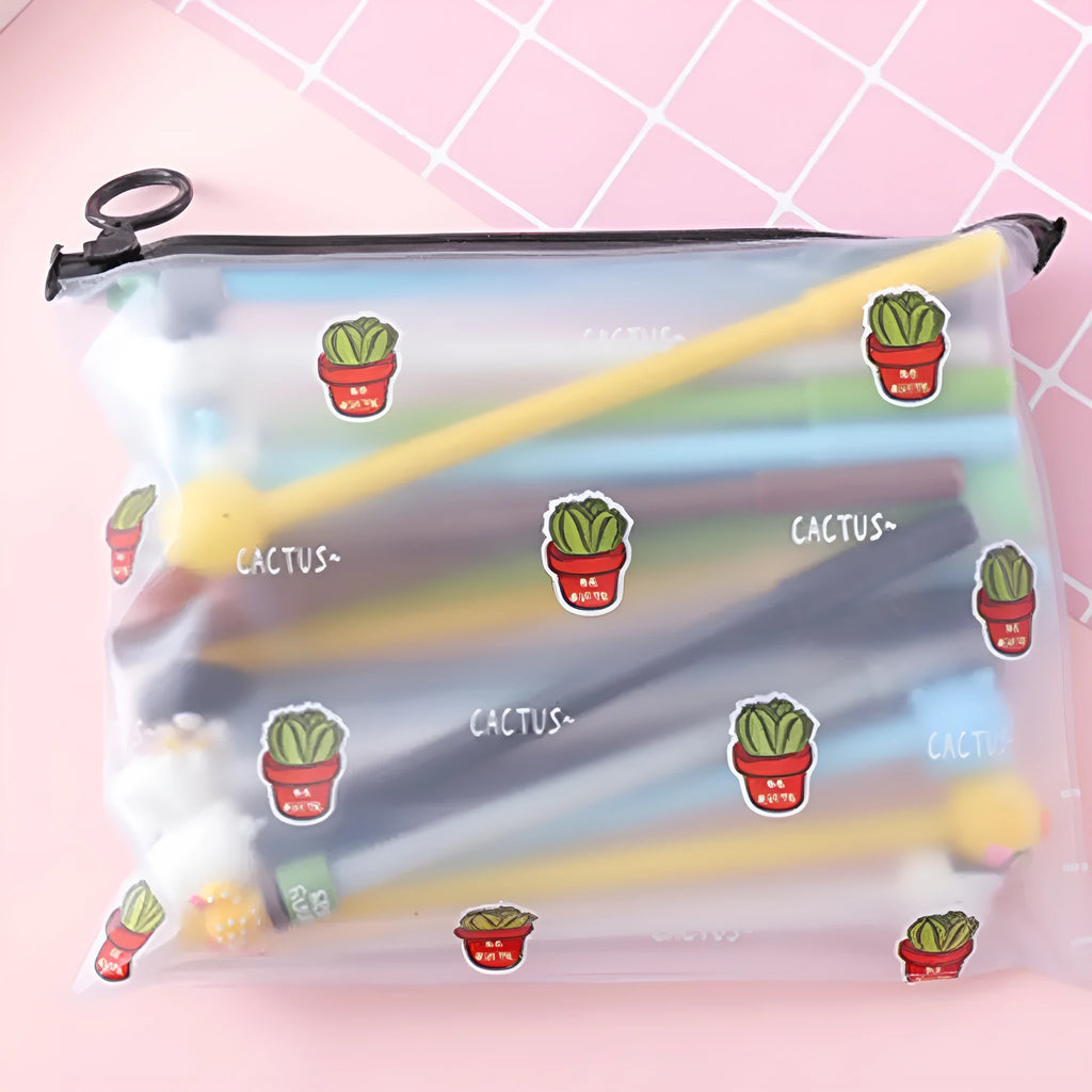 Cactus-themed pen set with 20 black 0.5mm gel pens and a matching zippered plastic case.
