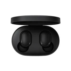 Redmi AirDots True Wireless black earbuds and charging case with three earplug sizes.
