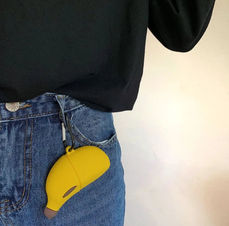 Yellow banana shaped silicone protective case compatible with Apple AirPods Pro wireless headset