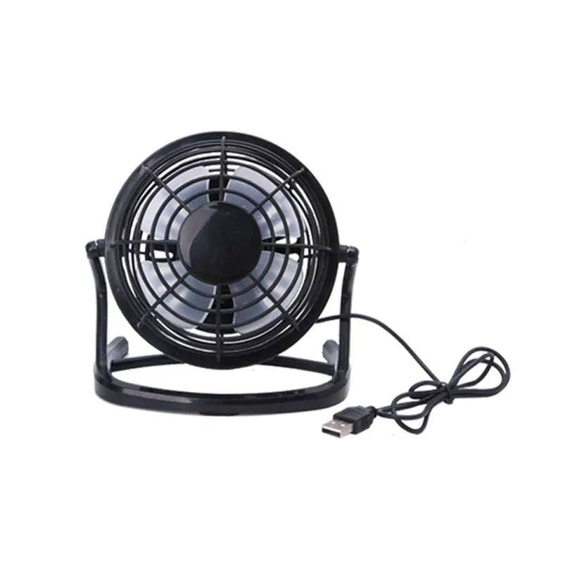 Mini USB desk fan with adjustable angle, black plastic housing, and 96mm blades for laptop cooling