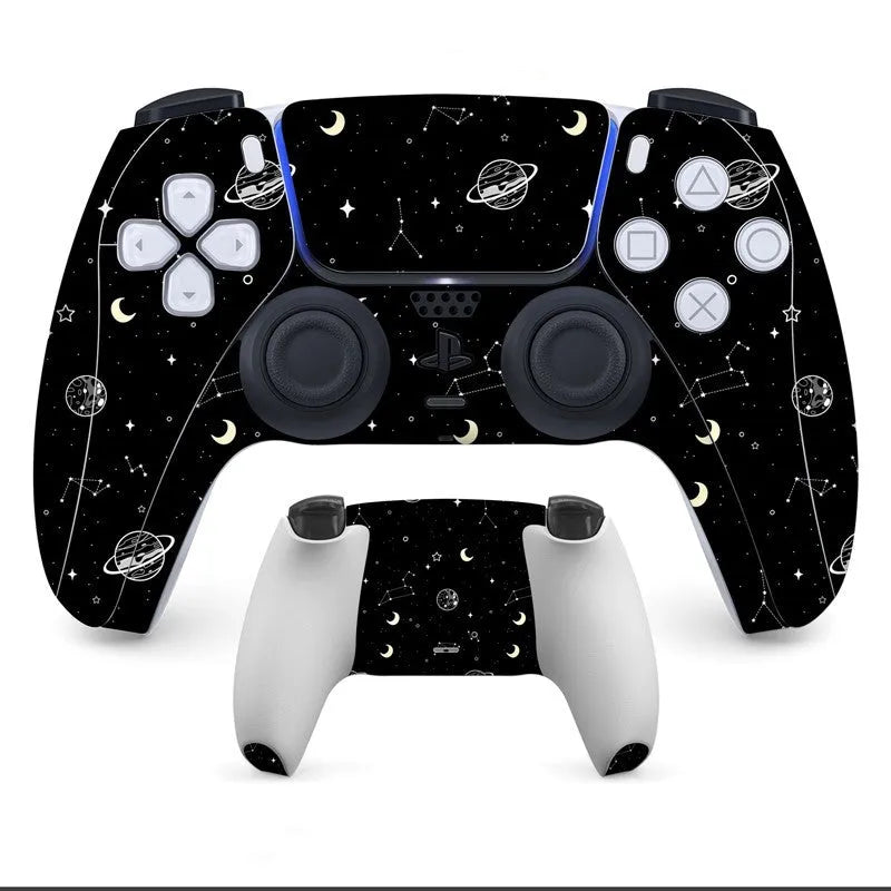 PS5 controller protective stickers in various styles, showing front and back PVC panels with a micro-frosted texture.