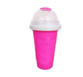 Blue double-layer silicone pinch cup for making quick slushies, shown with height and diameter dimensions.