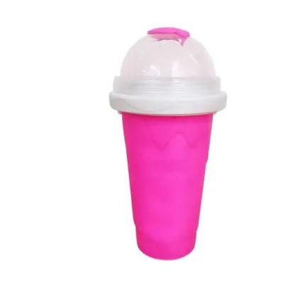 Blue double-layer silicone pinch cup for making quick slushies, shown with height and diameter dimensions.
