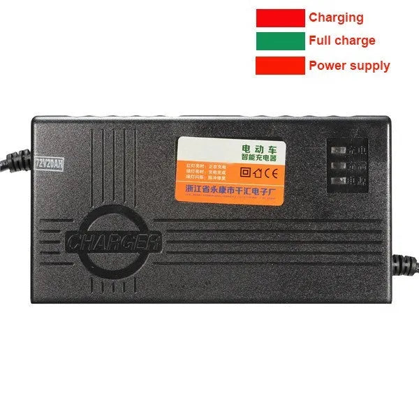 Black 72V20AH electric car charger for lead-acid batteries showing AU, EU, US plug options