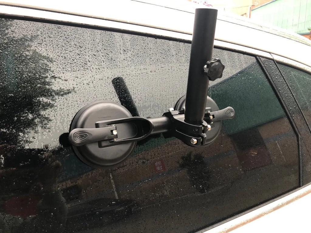Black off-road vehicle flagpole sucker base with round suction cup and rubber disc
