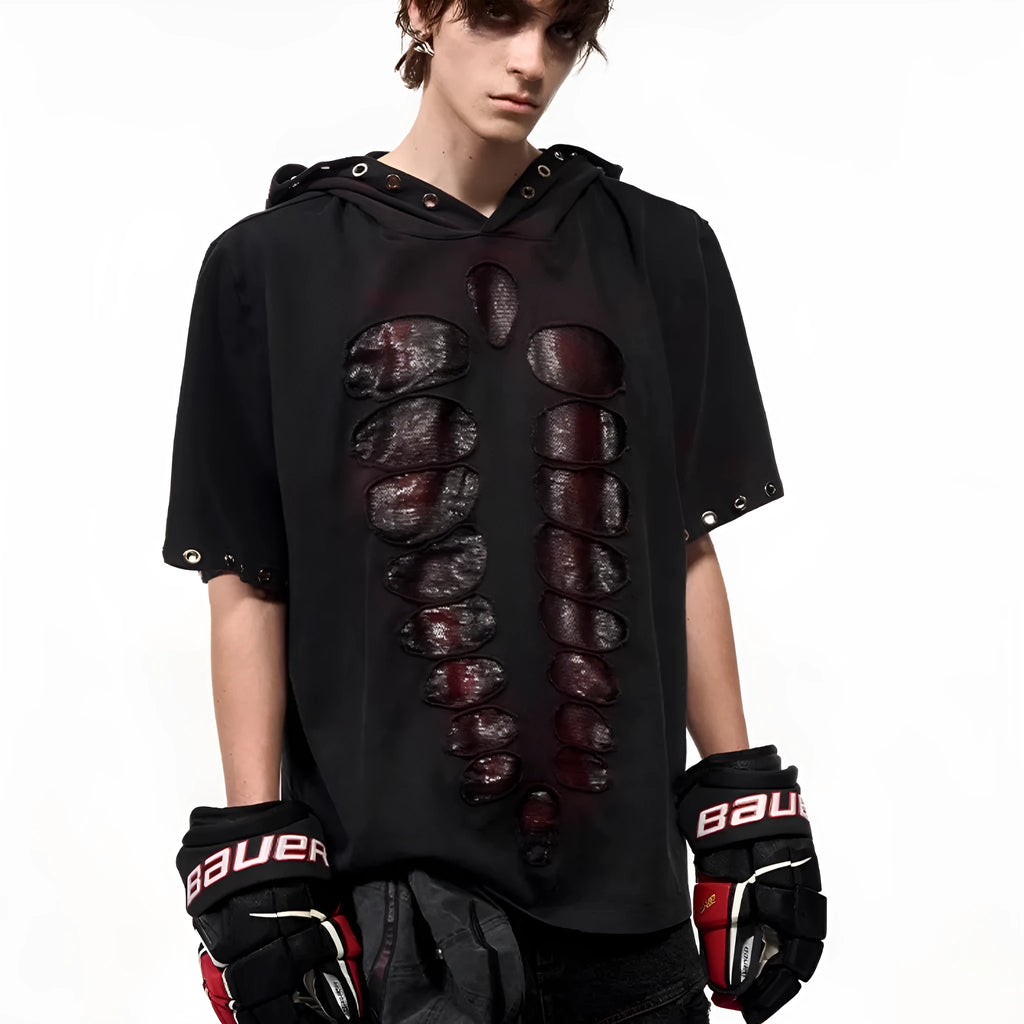 Men's black hooded short-sleeve t-shirt with sequin detailing, loose fit casual wear